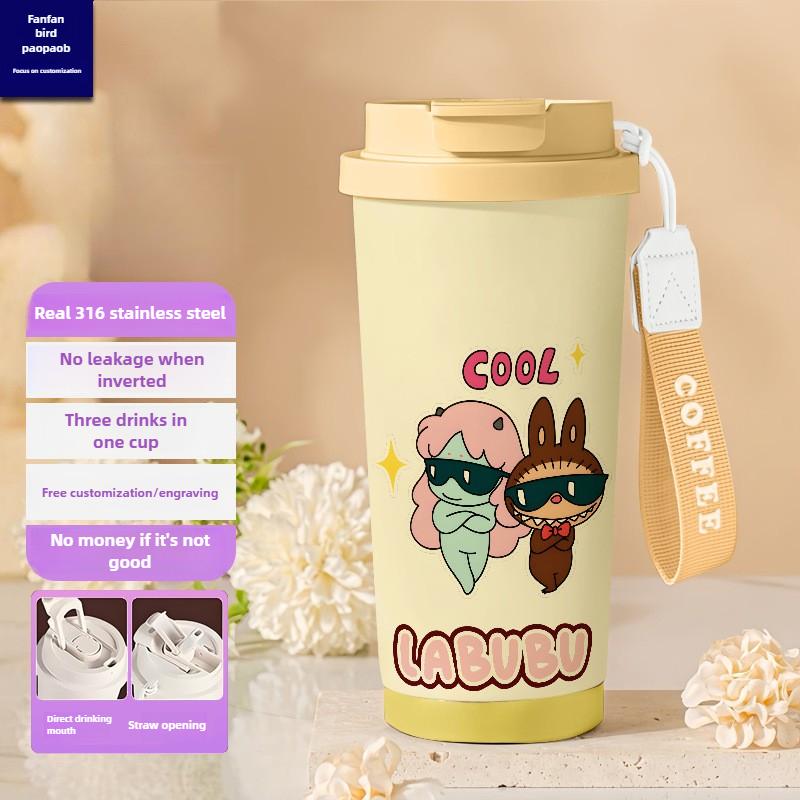Tecknad Rostfri Stålkopp Högvärdig Termosmugg 3D Dubbel Drickstrå Kaffekopp