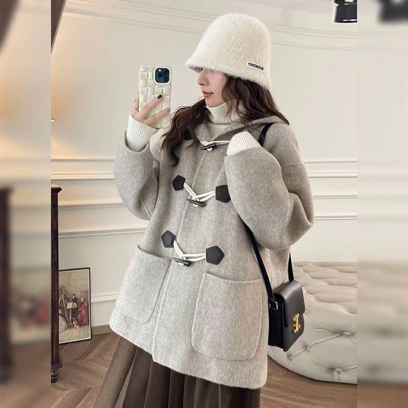 Womens Short Wool Blend Coat With Hood Horn Buttons Korean Style Oversized Winter Outerwear