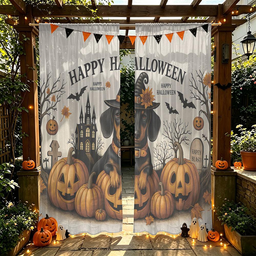 2Pcs Halloween Dachshund Pumpkin Bat Rod Pocket Curtains Double Panel Window Curtain For Bedroom Living Room Halloween Party