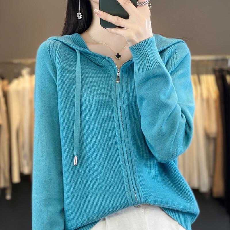 Autumn and Winter Hooded Casual Knitted Cardigan Simple Fashion Style Loose Knitted Sweater