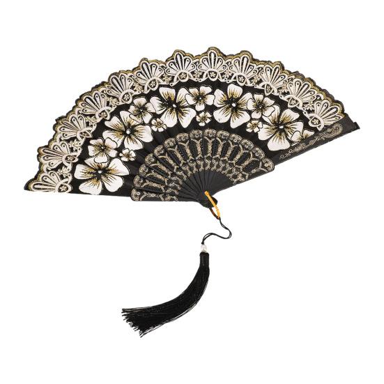 

Chinese Style Flower Folding Fan with Faux Pearl Tassel Portable Plastic Ribs Hand Fan Women Dance Performance Props Party