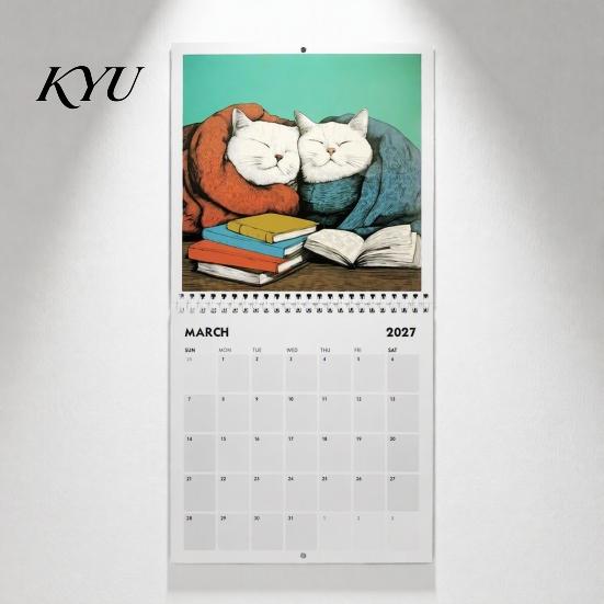 Monthly Wall Calendar 2027 Cats Reading Calendar, Jan. - Dec. 12 Hanging Daily Appointment Tracker Planner, Cute Kitty Illustrations Gag Gift for Cat