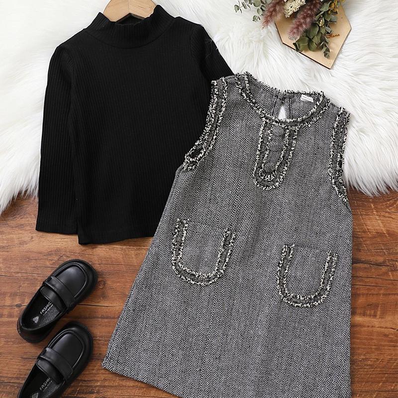 Conjunto de vestido sin mangas y top de manga larga con cuello con volantes para niñas para otoño invierno Nuevo