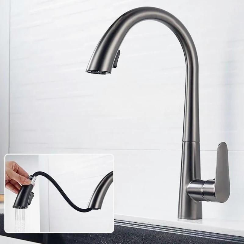 Robinet d'évier de cuisine gris canon dissimulé extractible robinet chaud et froid laiton acier inoxydable