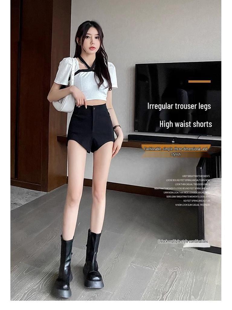 2025 Summer High-Waist Irregular Design Black A-Line Women's Casual Shorts