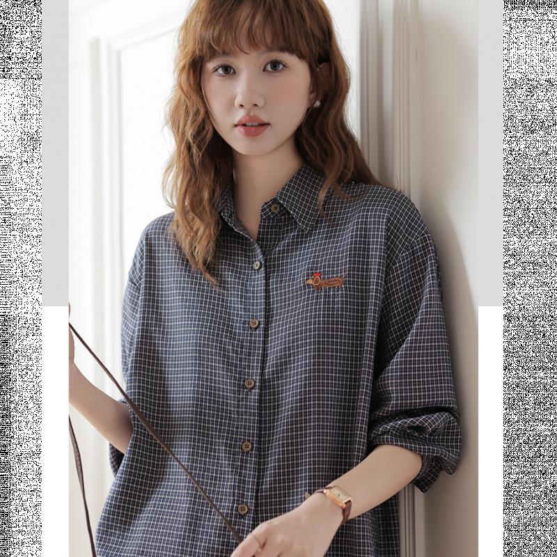 Full River Red Plaid Dachshund Embroidered Miu-style Women's Autumn Loose Long Sleeve Cardigan