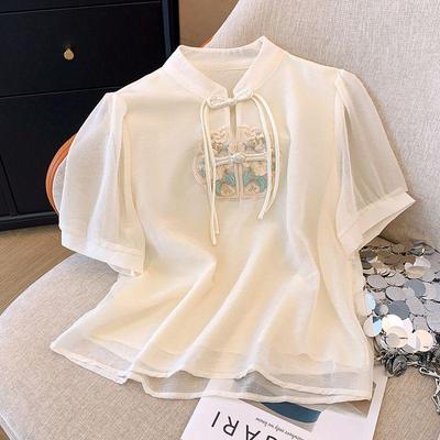 Damen Sommer Übergröße Chiffon Kurzarm Top mit chinesischer Stickerei und Froschknöpfen