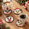 Wooden Coasters for Drinks 4Pcs Christmas Snowman Coasters, Cute Face Drink Cup Party Tableware Mats, Heat Resistant UV Printed Wood Tabletop Holiday