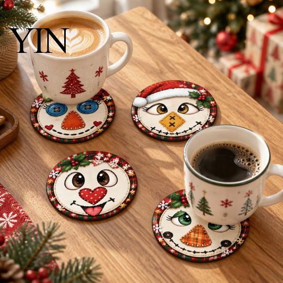 Wooden Coasters for Drinks 4Pcs Christmas Snowman Coasters, Cute Face Drink Cup Party Tableware Mats, Heat Resistant UV Printed Wood Tabletop Holiday