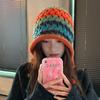 Hand crocheted thickened warm ear protectors colored wool knitted hat women