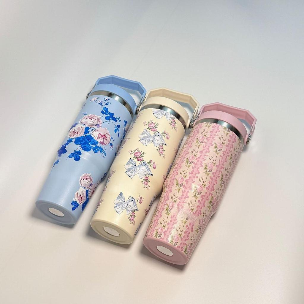 Flower-Shaped Outdoor Portable Insulated Cup, Double-Layer Vacuum Car Cup, Large Capacity with Straw, Portable Ice Cream Cup