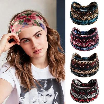 New Bohemian Flower Print Wide Headband Retro Knot Elastic Headwrap Turban For Women Girls Soft Bandanas Hair Accessories