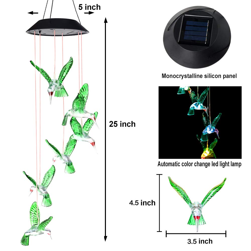 1PC Colorful Gradient Garden LED Wind Chimes Decorated Solar Hummingbird Landscape Garden Lights Decorated Atmosphere