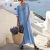 Women's -color V-neck Long-sleeved Loose Cotton And Linen Dress