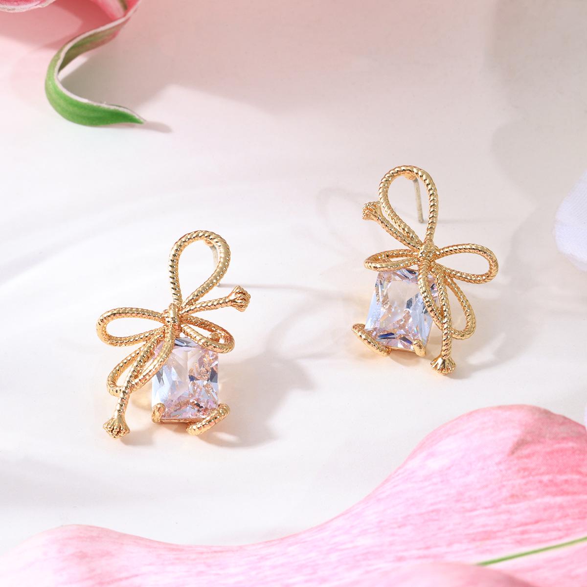 

European & American Trendy Gemstone Bow Knot Earrings for Women - Spring/Summer Style Silver Needle
