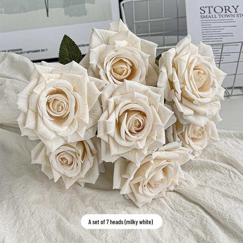 7-Head Embossed Cappuccino Rose Bouquet: Artificial Wedding Car Decoration with High-End Feel