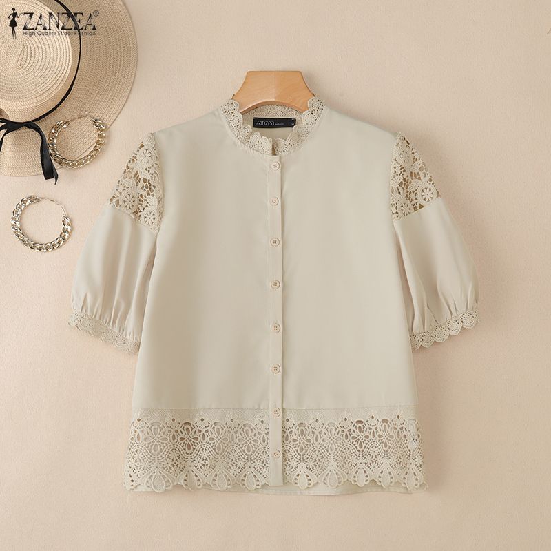 ZANZEA Women Stand Collar Casual Lace Crochet Splice Half Sleeve Blouse
