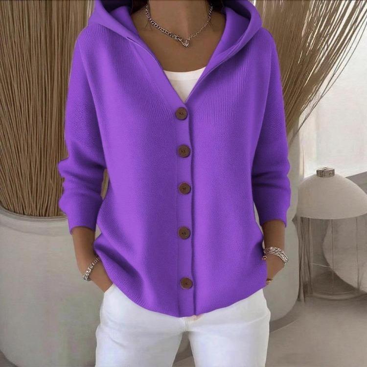 Cardigan con Cappuccio in Maglia Casual da Donna Autunno Inverno Colore Unico Bottoni Moda