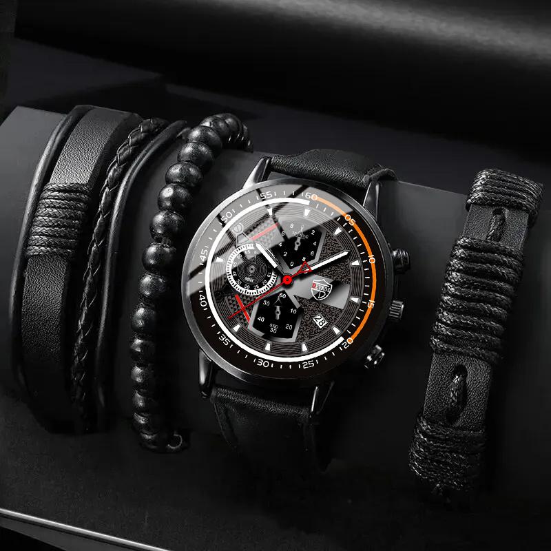 

4 шт. Черные кварцевые часы-браслет для мужчин, деловые, повседневные, круглые часы из искусственной кожи, браслеты, наборы, календарь, светящиеся часы