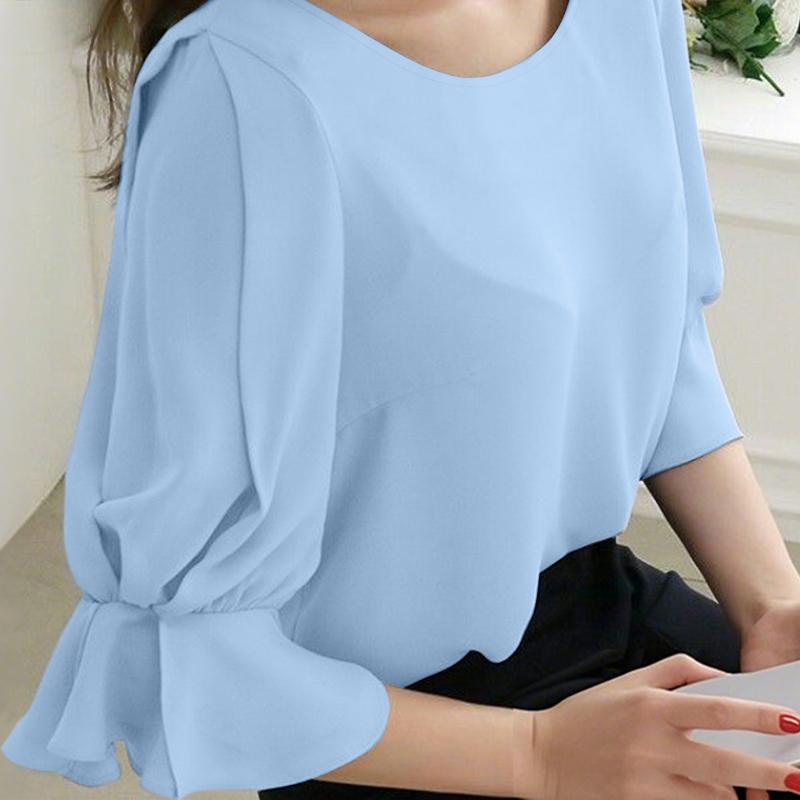 

ZANZEA Женская повседневная блузка с круглым вырезом, летняя, с оборками, рукавами 3/4, свободного кроя 2XL синий