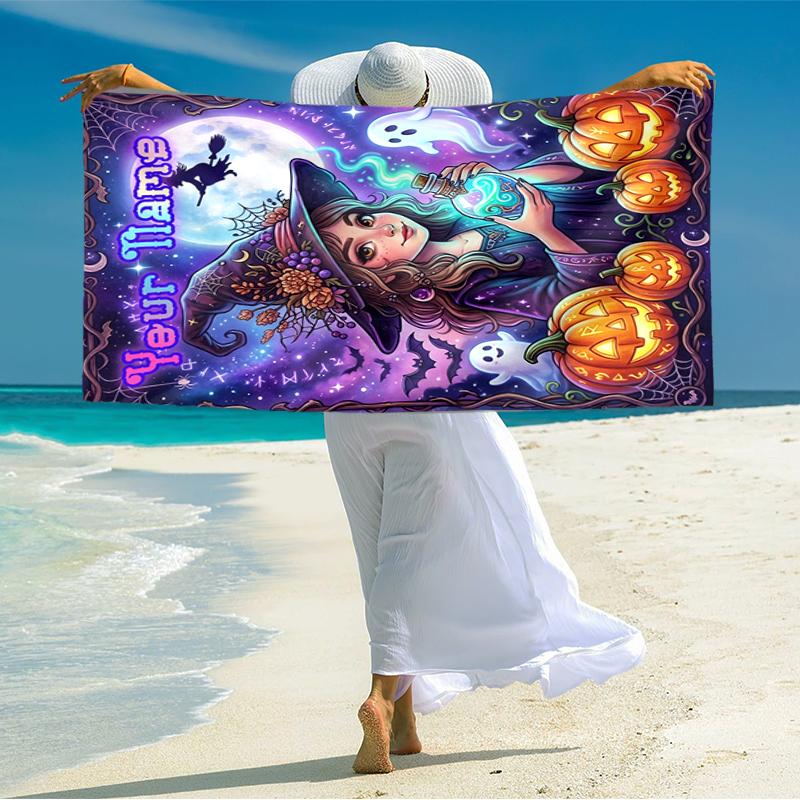 1PC Custom Name Halloween Magic Potion Beach Towel Highly Absorbent And Sand-Resistant Towel for Swimming, Pool, Yoga, And Travel Lightweight