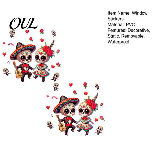 Holiday Glass Stickers for Balcony Halloween Cartoon Skeleton Couple Window Stickers, Waterproof PVC Day of The Dead Static Decals, Traditional Clings