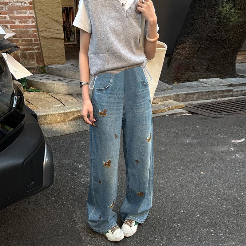 Korean Style 2026 Slimming Blue Rhinestone Wide Leg Jeans for Pregnant Women Medium