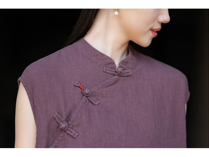 Spring 2026 Original Chinese Frog Button Cotton Linen Cheongsam Dress - Sleeveless, Stand Collar, Ramie Sand Wash