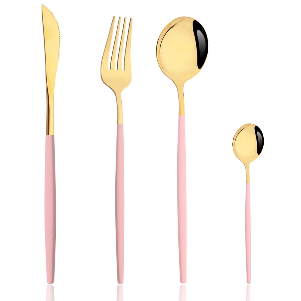Drmfiy Pink Silver Stainless Steel Dinnerware Set Fork Knife Soup Ice Spoon Cutlery Set Western Flatware Kitchen Silverware Set