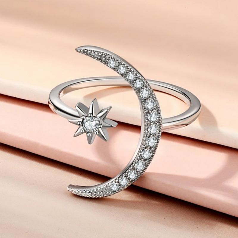 Crescent Moon Star Zircon Open Rings Engagement Wedding Rings for Bride Princess