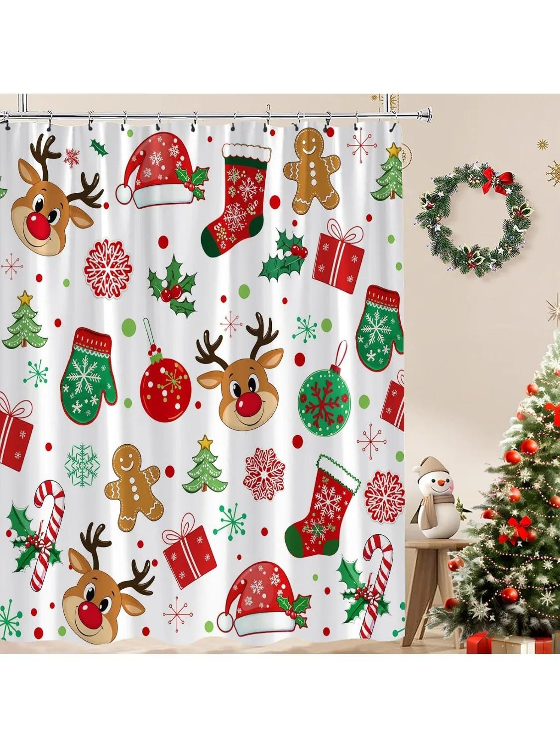 

Christmas Shower Curtain Cute Reindeer Cookies Snowflake Red Green Xmas Balls Pine Tree Candy Holly Berry Winter Holiday Happy 90x180cm