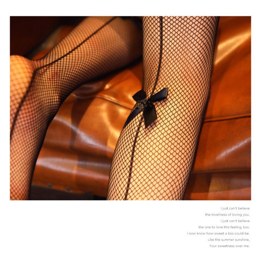 Japanese Fun Fishnet Socks Long Tube Over Knee Bow Bottom Pantyhose Sexy Vertical Line Women's Black Thin Summer