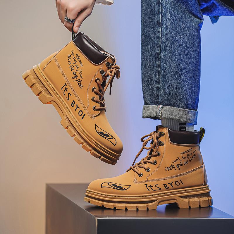 Black Graffiti Men's Motorcycle Boot High Top Platform Man Boots Trendy Streetwear Leather Ankle Boots for Men Botas De Cuero