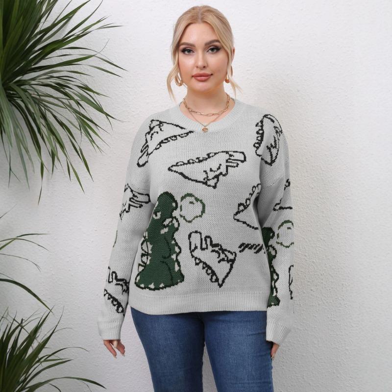 Plus Size Women S Thick Knit Dinosaur Print Pullover Sweater