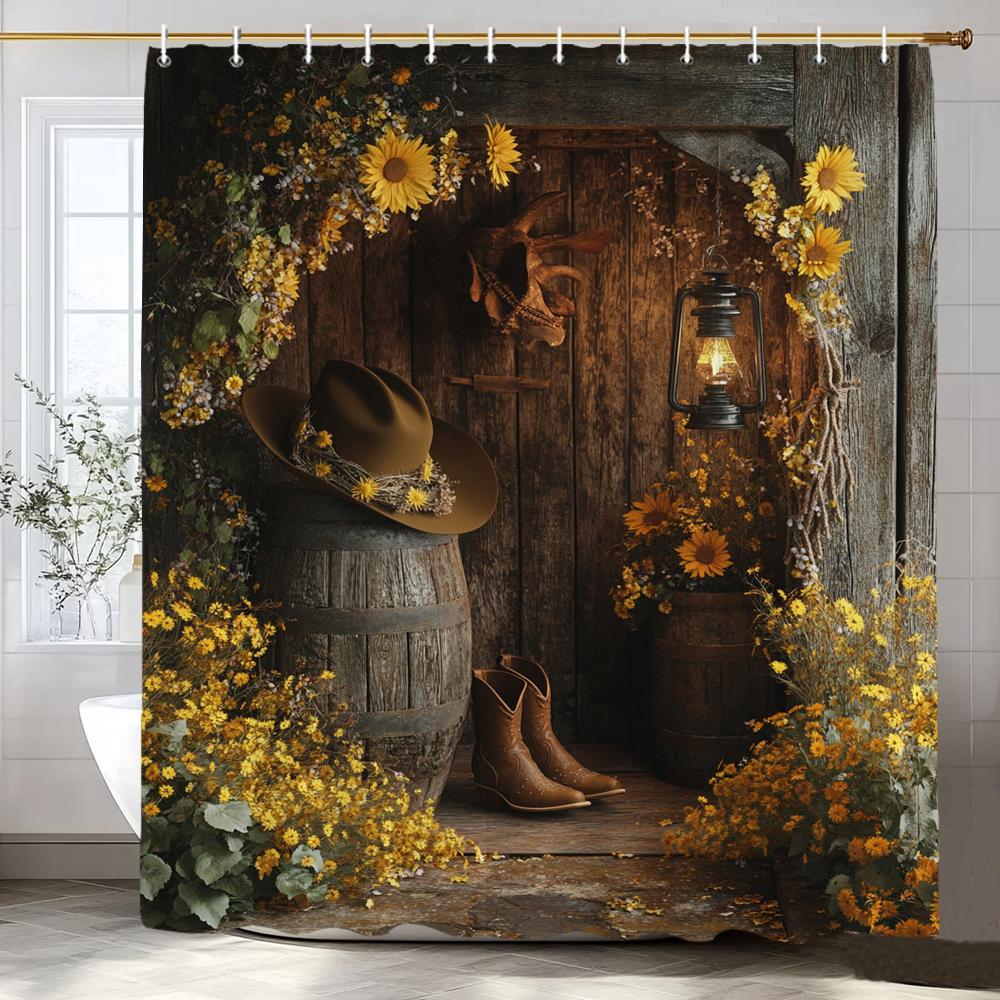 Rustic Farmhouse Garden Cowboy Theme Shower Curtain, Bathroom Decor Shower Curtain, Plants And Flowers Shower Curtain With Hooks