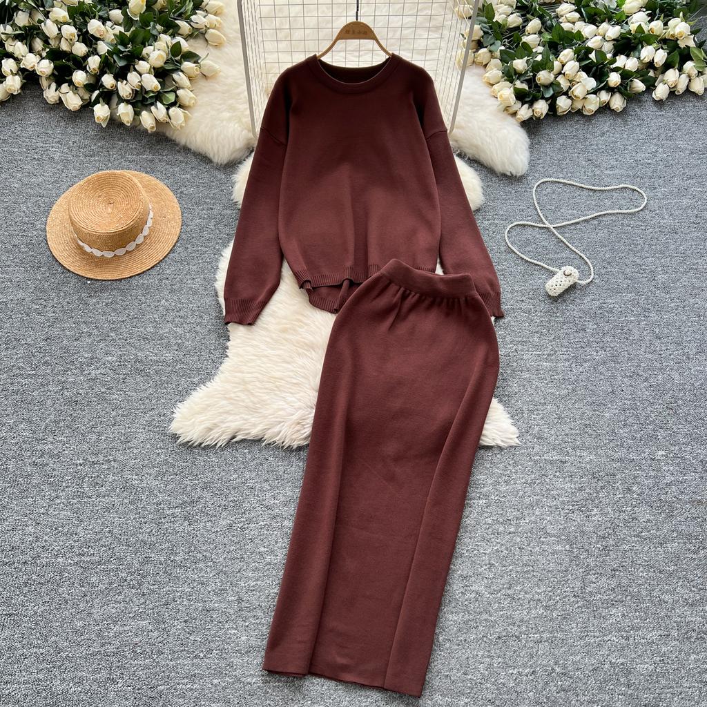 Tvådelat set Damkläder Mild Stil Lättslappig Lös passform Pullover O-hals Långärmad Stickad Tröja Midi Bodycon Kjolar