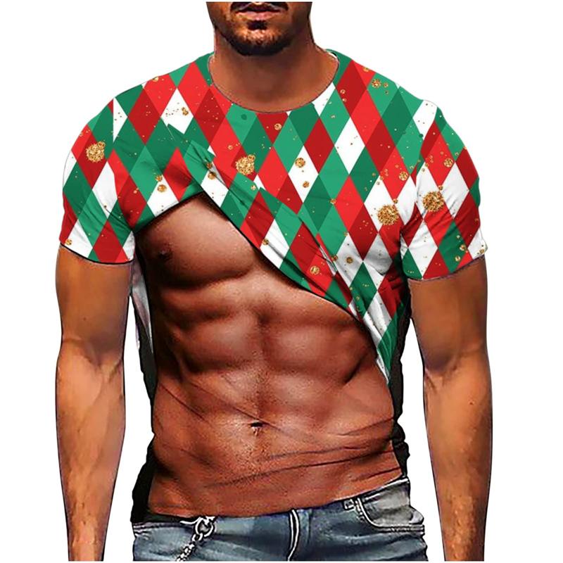 New Christmas Funny Muscle 3d Printed Short Sleeve T-Shirt Man Street Personality Loose Fashion Plus Size T-shirts
