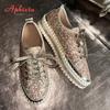 Aphixta 2025 New Sequined Lace Up Shallow Woman Shoes Silver Loafers Spring Woman Shoes Sewing  Casual Shoes For Woman