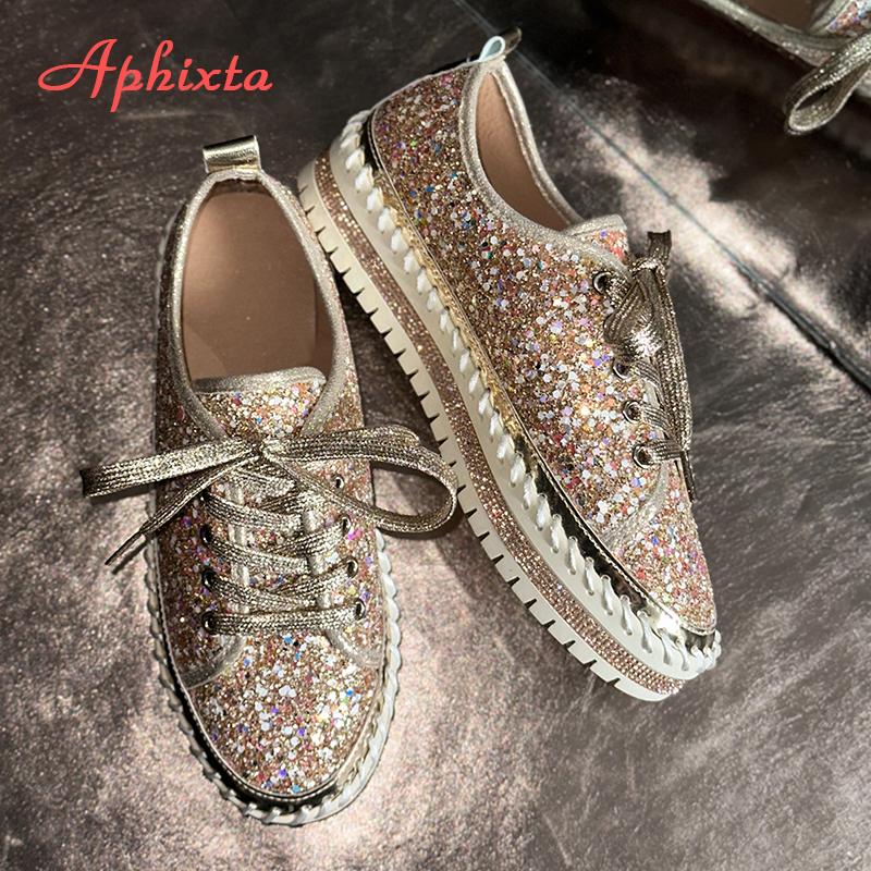 Aphixta 2025 New Sequined Lace Up Shallow Woman Shoes Silver Loafers Spring Woman Shoes Sewing Casual Shoes For Woman