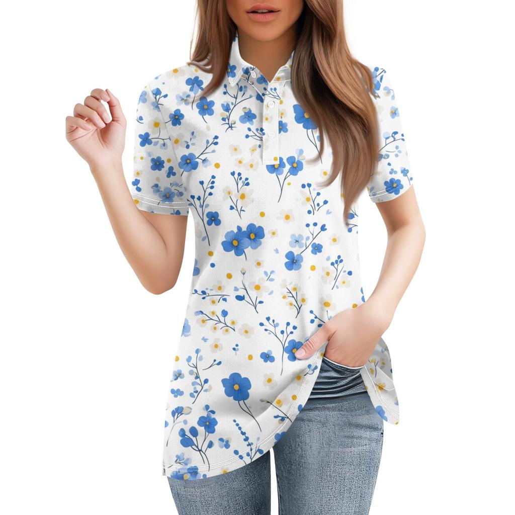 Damenmode Lässiges Revers Kurzarm-Print-Shirt Damen-Tops mit Knopfleiste
