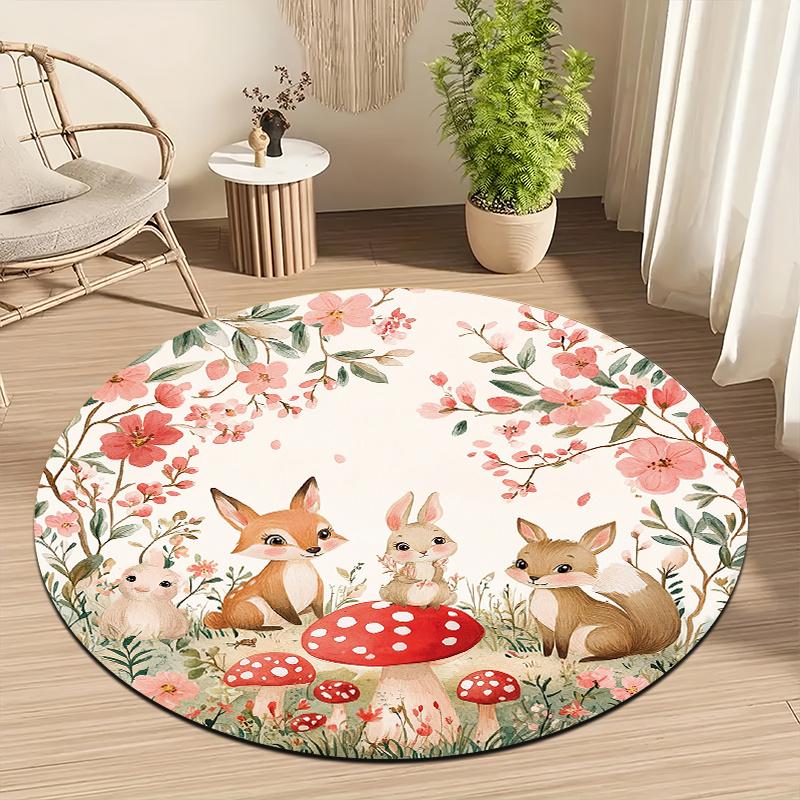 Forest animals and mushrooms Flannel-printed round floor mats are slip-resistant Suitable for living room terrace garden carpets