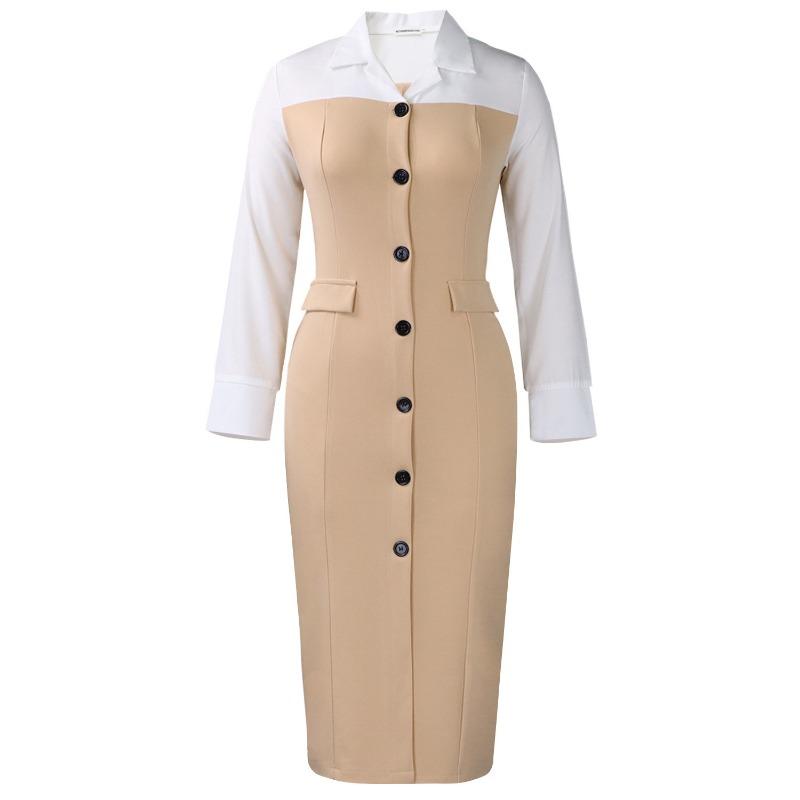 Women Elegant Business Long Sleeve Blazer Collar Patchwork Pencil Midi Dress