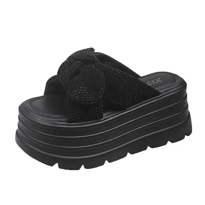 Fashion 8CM Women Bling Chunky Slippers Summer Ladies Beach Flip-Flops Wedges Heels Outside Bowknot Sandals Woman High Platform Shoes