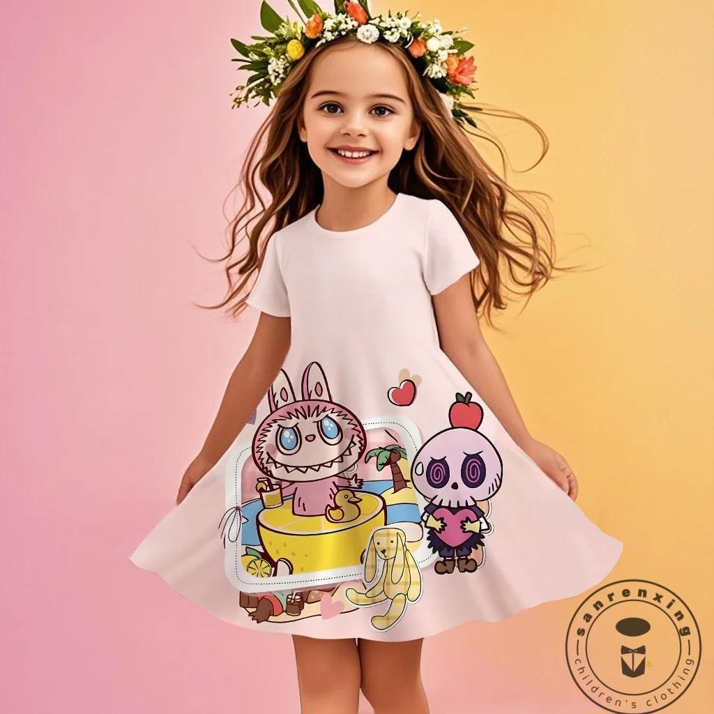 Kuromi New Summer Girls Dress Labubu 3D Printed Fashionable Cartoon Cute Princess Girls Clothes Skirt Party Labubu