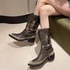 Női Retro Cowboy Középvádli Csizma Cowboy Négyzetes Sarok Hegyes Orr Platform Női Vastag Sarok Western Hegyes Orr Fém Botas