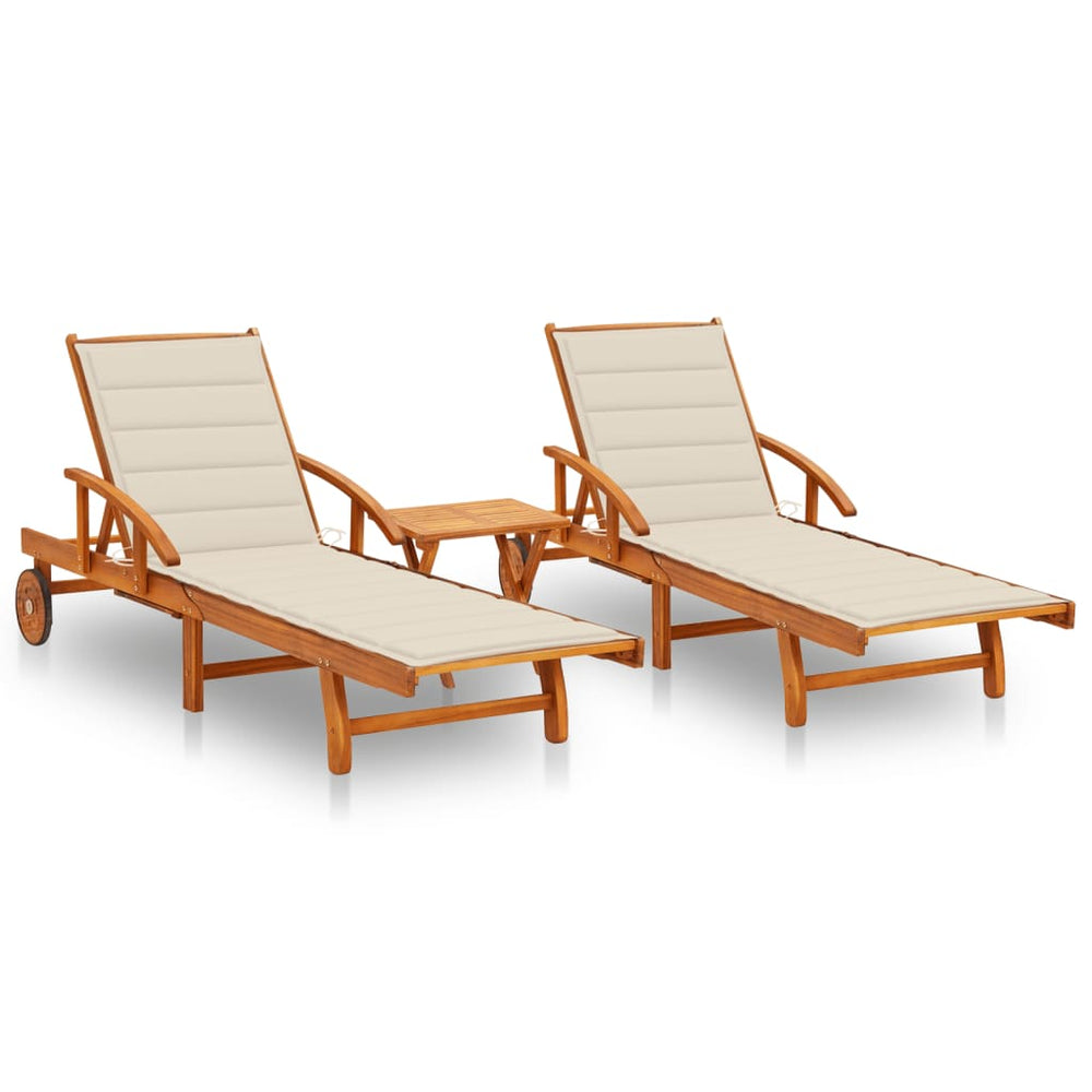 Sun Loungers Set of 2 with Table and Cushions Solid Acacia