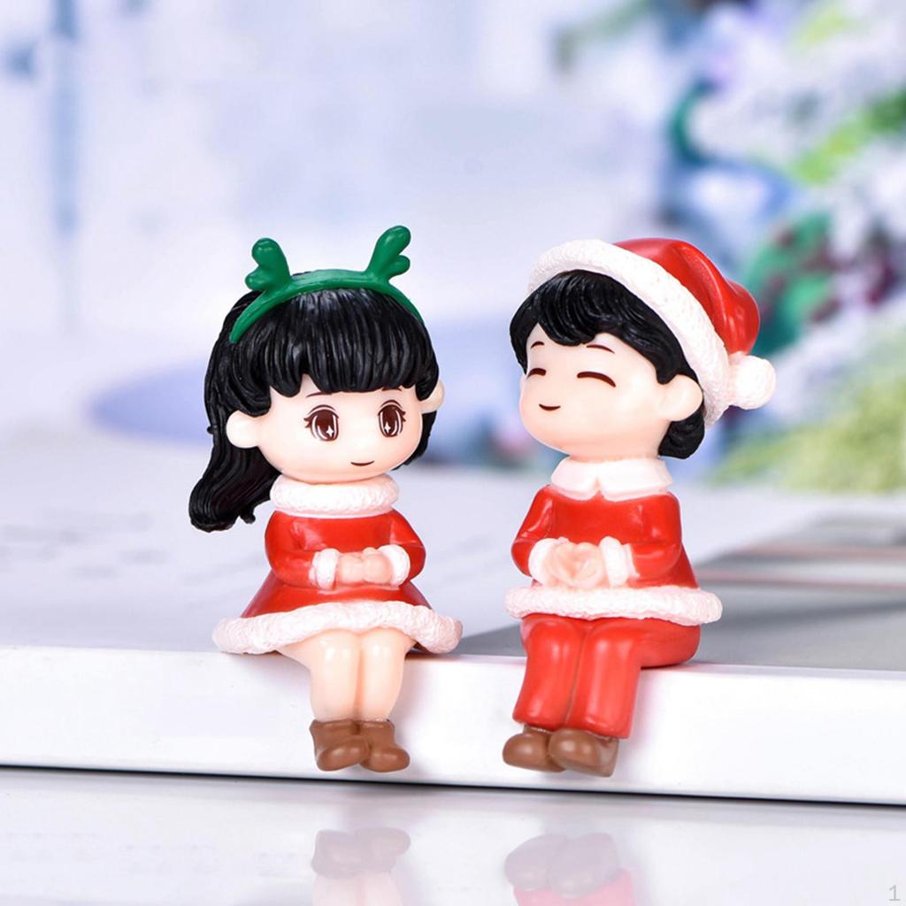 2pcs Cute Christmas Couple Figurines Sculpture Bonsai Decoration Ornament DIY Small Toy for Home