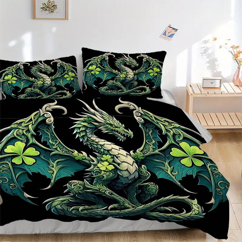 3pcs Green Clover Dragon Bedding Set 1 Soft Quilt Cover + 2 Pillowcases,  Suitable for All Seasons.J062