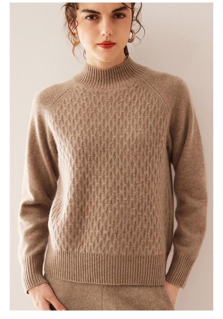Women's Cashmere Cable Knit Sweater - Loose Fit, Double-Strand, Half-High Collar, Solid Color, Short Style, Perfect for Autumn and Winter