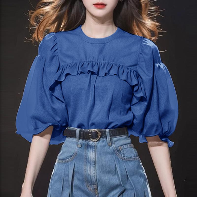 

VONDA Женские летние блузки с круглым вырезом, пышными короткими рукавами и однотонной расцветкой 5XL